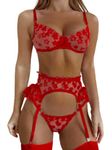 Kaei&Shi Garter Lingerie for Women,Floral Embroidered Underwire Sexy Lingerie Set,Ruffle Matching G-String 3 Piece Sheer Lace Lingerie Petite Valentines Day Red Small