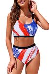 Adisputent Womens High Waisted Bikini Sets Sporty Crop Top Color Block Swimwear Bandeau Scoop Neck Vintage Two Piece Bathing Suits American Flag L