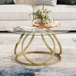 O&K FURNITURE Gold Coffee Table, Modern Round Glass Coffee Table for Living Room with Ring-Shaped Frames, Gold Glass Table for Home&Office,Gold Finish, 1PC, OKJYY-CTB001B