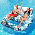 JCLEAL Pool Float Lounger Adult Inflatable Pool Floaties Rafts for 2 Person Extra Large Recliner Tanning Lounge Chair Water Floaty with Backrest Footrest Cup Holder for Party River Beach Lake Vacation