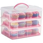 VonShef Cupcake Carrier with Handle, Pink Three Tier Stackable Cup Cake Box, 36 Muffin Cake Carrier with Airtight Snap Lid, Clear Plastic Baked Goods Container