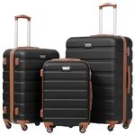 COOLIFE Suitcase Trolley Carry On Hand Cabin Luggage Hard Shell Travel Bag Lightweight with TSA Lock and Durable 4 Spinner Wheels (Black/Brown, 3 Pcs Set)