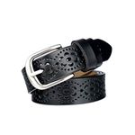 Vintage Genuine Cowhide Leather Women's belt Fashion Hollow Flower Design Ladies Waist Belt with Alloy Buckle for Jeans (Black)