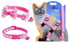 Woofy Combo of 3 (Cat Harness + Cat Collar Paw Print + Cat Bow Tie) Cat Adjustable Nylon Harness Strap Collar with Leash Set Small Pet Walking for Kitten (Pink)