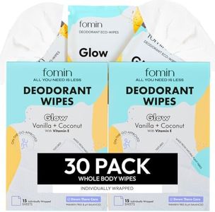 FOMIN Travel Deodorant Wipes - 30 Count - Glowing Coconut and Vanilla - pH Balanced, Hypoallergenic Mini Deodorant Wipes For Women and Men - Plastic-Free, Individually Wrapped Underarm & Body Wipes