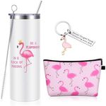 3 Pcs Flamingo Gifts for Women Including Cute Flamingo Stainless Steel Wine Tumbler with Straw and Brush Motivational Flamingo Keychain and Cosmetic Bag (Flamingo, 20 oz)