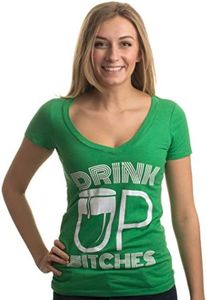 Ann Arbor T-shirt Co. Women's Drink Up, Bitches! Funny St. Patrick's Day Green Deep V-Neck-Deepv,S Large Irish Green