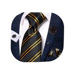 Hi-Tie Mens Tie Lapel Pin Set Jacquard Ties for Men Pocket Square Cufflinks for Formal Wedding Prom,Black Gold Stripe