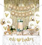 AMABELLA Blue Baby Shower Decorations for Boy Kit, Rustic Welcome Baby Banner in Burlap, 2 - Blue Metallic Curtains, Gold, Blue and White Baby Shower Decor Kit, Gold and White Balloons