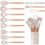 12 PCS Kitchen Utensil Set, Silicone Cooking Utensils with Holder, Natural Wooden Handle Cookware Tongs Spatula Spoon Set, Non Stick & Heat Resistant, Dishwasher Safe (Khaki)