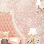 10X0.53M 3D Vintage Victorian 5 Colors Luxury Damask Embossed Flock Textured Non-Woven Wallpaper Roll for Bedroom Livingroom (Pink)