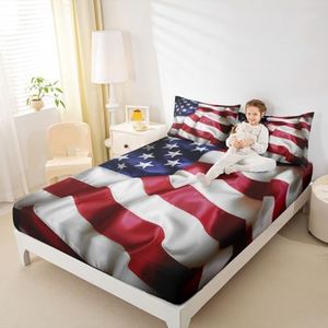 United States Fitted Sheet American Flag Blue Red Printing Bedding Set for Kids Teens Adult USA Federations Stars Stripe Fitted Bed Sheet Queen Size 1 Fitted Sheet with 2 Pillow Cases(No Top Sheet)