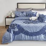 Tache Satin Silky Lustrous Floral Lace Ruffle Sweet Victorian Royal Glam Luxurious Down Alternative 6pc Comforter Set (King, Blue)