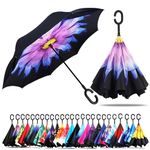 CICILIAYA Double Layer Folding Inverted Umbrella, Self Stand Upside-down Rain Protection Car Reverse Umbrellas with C-shaped Handle Big Straight Umbrella (Purple 2)