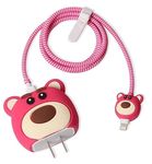 AUGEN Cartoon 3D Design Protective Case for 20W iPhone USB-C Power Adapter Charger, Cute Cartoon Lightning Data Cable Case for iPhone Charger (Bear Strawberry, Pack of 1)