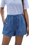 YOCUR Women Running Shorts Cotton Linen Tie Waist Baggy Pleating Casual Beach Outdoor Recreation Short Pants Blue XL