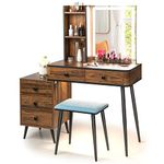 COSTWAY Dressing Table and Stool Set with 3-Color LED Lights Mirror, Drawers, Shelves & Charging Station, Detachable Makeup Vanity Table Set, Bedroom Cosmetics Dresser Gift (Brown, Rectangular Mirror)