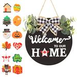 SWITTE 12 Interchangeable Seasonal Welcome Wreaths Sign Home Decor, Rustic Round Wood Wreaths Wall Hanging Outdoor, Porch, for Spring Summer Fall All Seasons Holiday Christmas Decoration (Black)