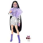 Barbie Doll and Accessories, Barbie Extra Fashion Doll with Black Hair and Metallic Silver Jacket, Pet Dalmation Puppy