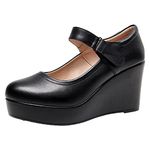 ANUFER Women's High Platform 8CM Wedge Heel Mary Jane Shoes Hook&Loop Ankle Strap Leather Pumps Black SN070281-2 US6