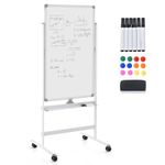 CASART Flip Chart Easel Whiteboard, Double-Sided Magnetic Dry Erase Board with Stand, Eraser, Magnets & Makers, Height Adjustable Mobile Whiteboard for Office Classroom (White, 60 x 100cm)