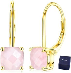 Kosuwo 925 Sterling Silver Handmade Pink Crystal Earrings,14k Gold Square Natural Gemstone Dangle Pink Earrings,Leverback Drop Earrings for Women (Pink Crystal - Gold)