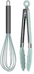 Country Kitchen 10" Whisk and Tong Kitchenware Set for Nonstick Cookware, Silicone and Stainless Steel Accessories for Cooking, Baking, Frying, Grilling, Blending and Serving- Gun Metal and Mint Green