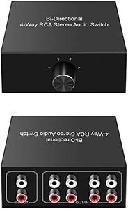 Audio Switcher Bi-Directional 4-Way RCA Stereo Audio Switch L/R Stereo Audio Splitter Audio Selector Switch Box (1 in 4 Out / 4 in 1 Out)