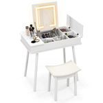 COSTWAY Dressing Table and Stool Set with Flip Top LED Lighted Mirror, USB Charging Station and 7 Hidden Compartments, Wooden Vanity Table Set, Bedroom Furniture Dresser Table Gift (White)