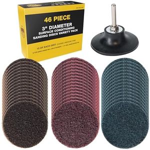 Dura-Gold 46-Piece 3" Diameter Surface Conditioning Sanding Discs Variety Pack - 15 Each Coarse, Medium, Fine Grit Quick Change Roll Lock, 1/4" Drill Backing Pad