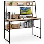 COSTWAY Computer Desk with Storage Bookshelf, 2-in-1 Workstation PC Laptop Table, Home Office Work Study Writing Desk for Bedroom Living Room (Natural)