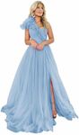 One Shoulder Tulle Prom Dress with Slit Ruffle Ball Gown Long Evening Dress Dusty Blue Size 4