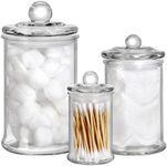 Suwimut Set of 3 Glass Apothecary Jars with Lids, Clear Canisters Set Bathroom Storage and Organization for Qtips, Cotton Swabs, Cotton Balls, Bath Salts