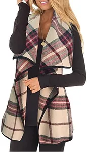 YACUN Women Plaid Vest Lapel Open Front Sleeveless Jacket Outerwear Cardigan with Pockets Apricotred M