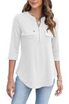 Halife Women's Tops 3/4 Length Sleeve V Neck Zipper Flowy Dressy Casual Work Tunic Shirts Blouse, White, X-Large