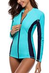 Charmo Ladies Zipper UV Protection Rash Vest Long Sleeve Athletic Rashguard Swimwear Tops Aqua/Navy L