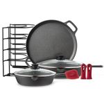 Cast Iron Cookware 6-Pc Set - 10" + 12" Skillet & Glass Lids + Pizza Pan + Panrack Organizer + Silicone Handle Covers + Scraper/Cleaner - Pre-Seasoned Essentials Kit - Stovetop, Grill, Indoor/Outdoor