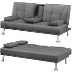 Yaheetech Click Clack Sofa Bed Faux Leather 3 Seater Sofa Couch Living Room/Spare Room/Guest Room Bed Settee with Cup Holders Dark Gray