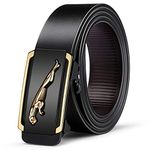 GUSTAVE® Belts for Men Black Leather Mens Belt Adjustable Fashion Gold Leopard Pattern Buckle Belt - 130cm Length, No Punch Hole