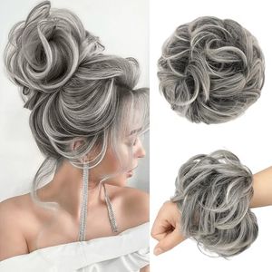 FESHFEN Messy Hair Bun Hair Pieces Wavy Curly Large Hair Bun Scrunchies Extensions Synthetic Chignon Hairpieces for Women Girls, Gray and White Tips 1.94oz