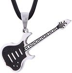 DonDon Men´s Necklace Leather 50 cm 19,7" with Electric Guitar Pendant Black Stainless Steel in a Velvet Gift Bag