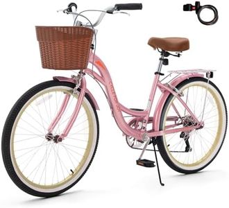 RegalRider 24 inch Beach Cruiser Bike for Women, 7 Speed Commuter Bicycle with Basket & Rear Rack, Low-Step Through Frame, Adjustable Seat and Handlebar, Adult City Cruiser (Pink/Blue)