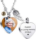 MeMeDIY Personalized Angel Wing Pendant Heart Urn Necklace Engraving Photo/Name Customized Birthstones for Men Women Boy Girl Stainless Steel Ashes Memorial Keepsake Cremation Funnel Kit