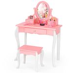 GYMAX Kids Dressing Table Set, Wooden Children Vanity Table with Stool, 360° Rotating Mirror and 3 Drawers, 2 in 1 Girls Makeup Desk Set for Bedroom (Pink)