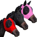 HUAME Fly Masks for Horses with Ears Set of 3, Comfort Fit Stretchy Fabric with UV Protection Soft on Skin Breathability for Average Size Horses (Red-Black-Pink, Large)