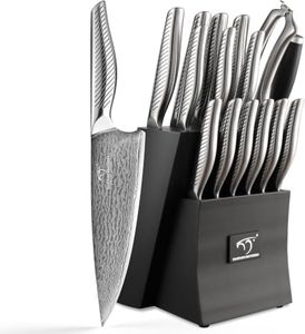 NANFANG BROTHERS 16-Piece Damascus Kitchen Knife Set, VG10 High Carbon Steel Chef Knife Set with Ergonomic Stainless Steel Handles, Built-in Sharpening Rod and Storage Block