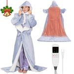 Electric Heated Blankets Hoodie for Women with Removable FootPocket,Wearable Heated Blanket Throw with Sleeves Heated Robe Flannel&Sherpa Heating Wrap Poncho Shawl with 9 Temp Queen Size 50"x80"