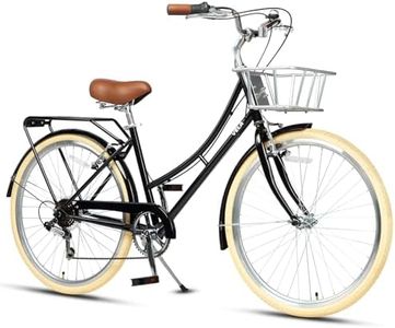 AVASTA 26 Inch Hybrid Bike, Lightweight Step-Through Hi-Ten Steel Frame for City Commuting, 6 Speed Comfort Bicycle with Metal Basket in Elegant Black with Stylish Beige Tires for Woman Female