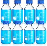 Irenare 8 Pieces Media Storage Bottles Borosilicate Storage Glass Bottle Scientific Round Graduated Media Bottle with Blue GL45 Screw Cap for Lab Water Reagent Liquids (500 ml)