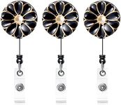 Qinsuee Retractable Badge Holder, ID Badge Reel with Pearl, 3 Pack (Black)